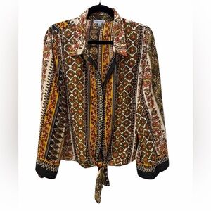 Floral & Ivy XL Boho Print Tie Front Long Sleeve Blouse